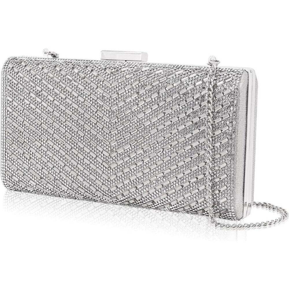 ⚡ Women's Sparkly Rhinestone Glitter Metal Clasp Chain Evening Silver Clutch Bag